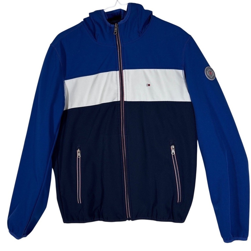 Tommy Hilfiger Mens Colorblock Hooded Fleece Lined Jacket Blue White Navy Small